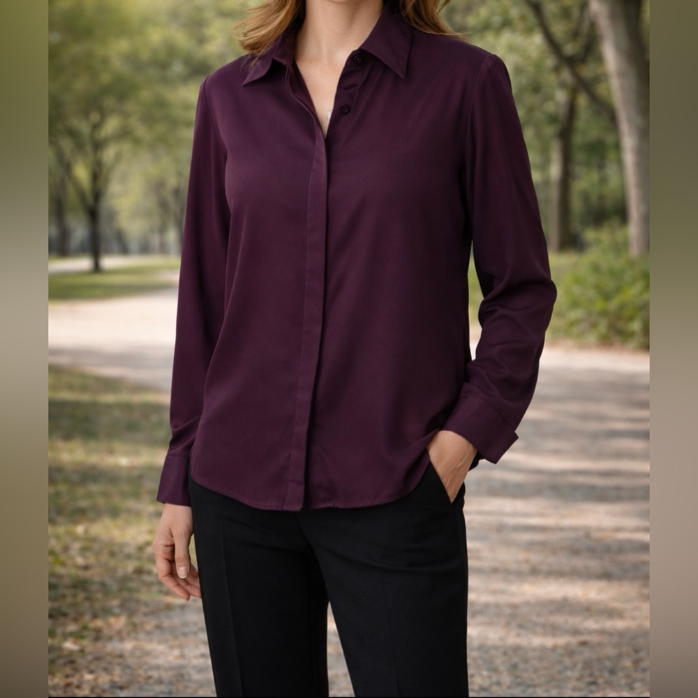 Carlisle Plum Silk Button Front Blouse Womens Size 10 Classic Workwear